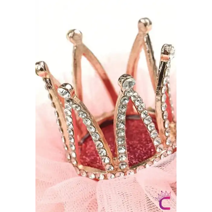 İncili Kristal Taşlı Pembe Tüllü Kraliçe Prenses Kız Çocuk Tacı - Parti Doğum Günü Pens Saç Tokası