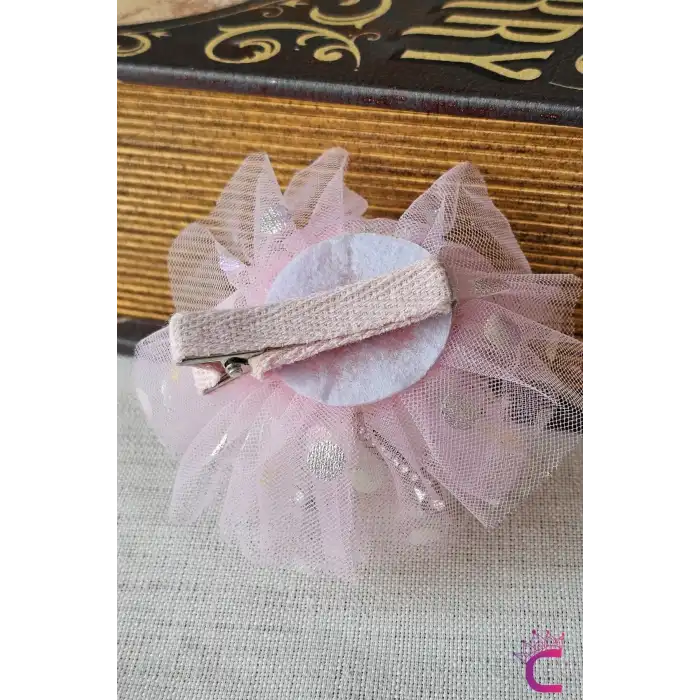 İncili Kristal Taşlı Pembe Tüllü Kraliçe Prenses Kız Çocuk Tacı - Parti Doğum Günü Pens Saç Tokası