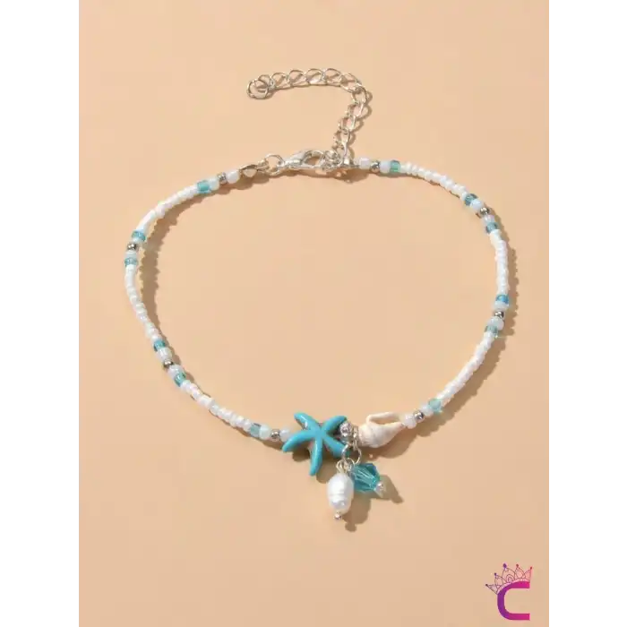 İncili Taşlı Deniz Kabuğu Ayarlanabilir Halhal - Yıldızlı Miyuki Boncuklu Ayak Bilekliği Plaj Takısı