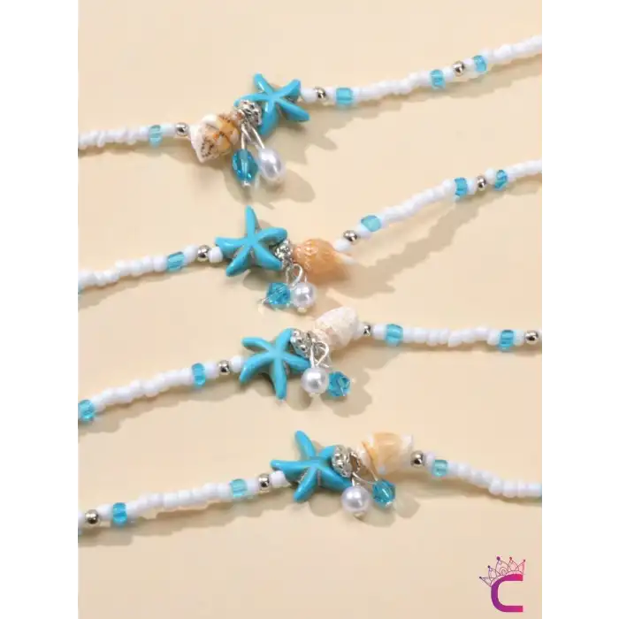 İncili Taşlı Deniz Kabuğu Ayarlanabilir Halhal - Yıldızlı Miyuki Boncuklu Ayak Bilekliği Plaj Takısı