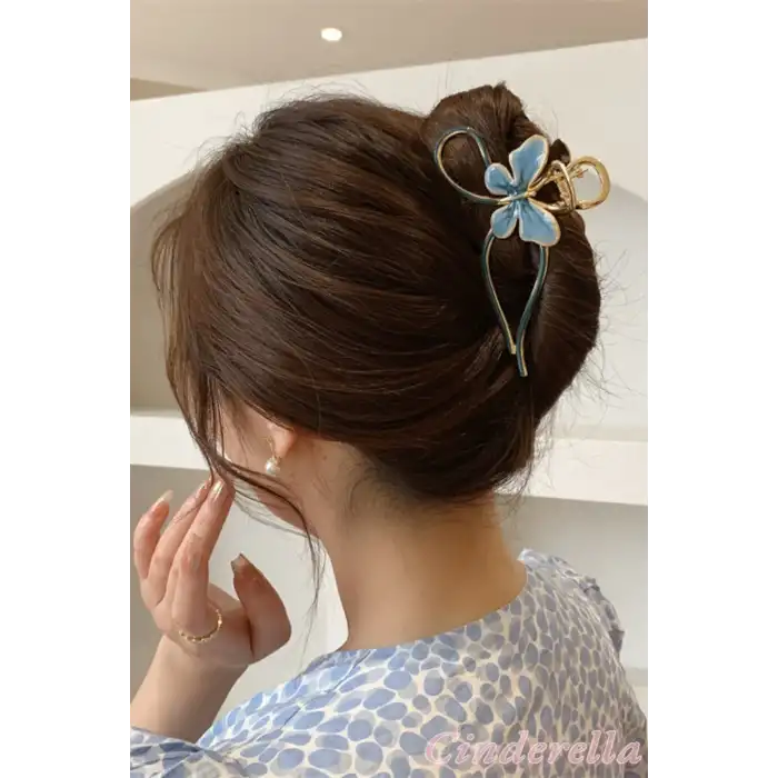 Kadın Mavi Gold Kelebek Detaylı Zarif Metal Mandal Toka - Lüks Mandal Saç Tokası