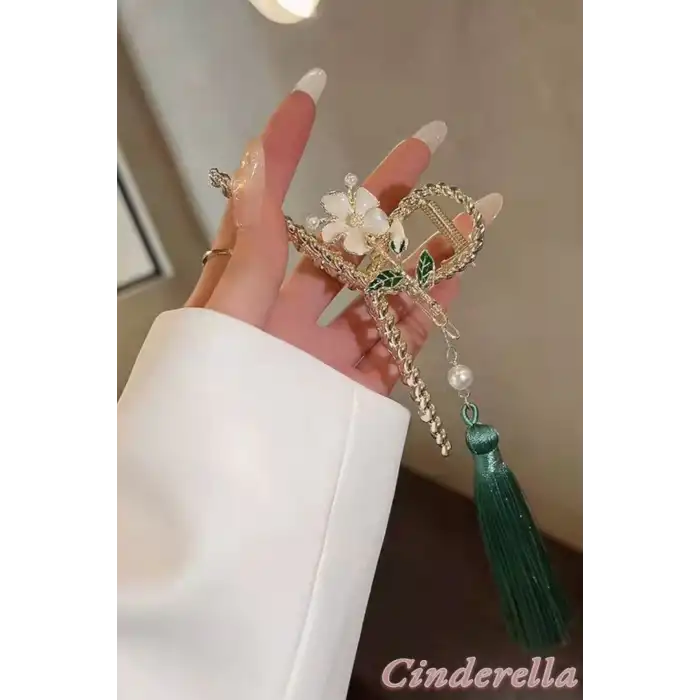 Kadın Yeşil Püsküllü Sarkıt İncili Model Metal Mandal Toka Gold - Büyük Mandallı Saç Tokası