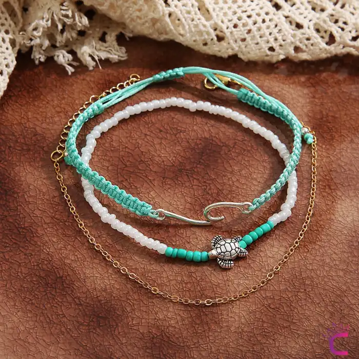 Karetta Figürlü Örgü İpli Miyuki Taşlı Zincirli 3lü Kombin Halhal - Ayarlanabilir İp Halhal