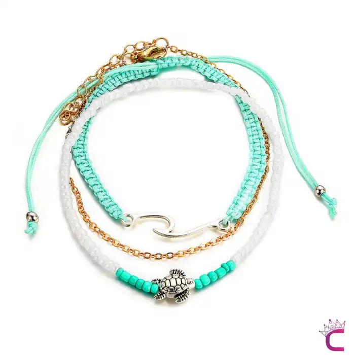 Karetta Figürlü Örgü İpli Miyuki Taşlı Zincirli 3lü Kombin Halhal - Ayarlanabilir İp Halhal