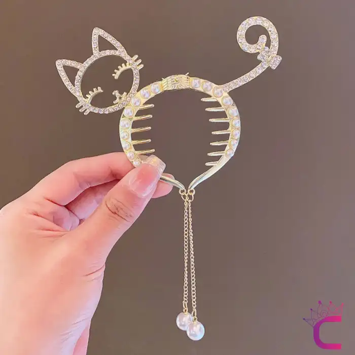 Kedi Tasarım İncili Taşlı Rhine-Stone Yaylı Topuz Tokası Metal Gold - Sallantılı Saç Topuz Toka