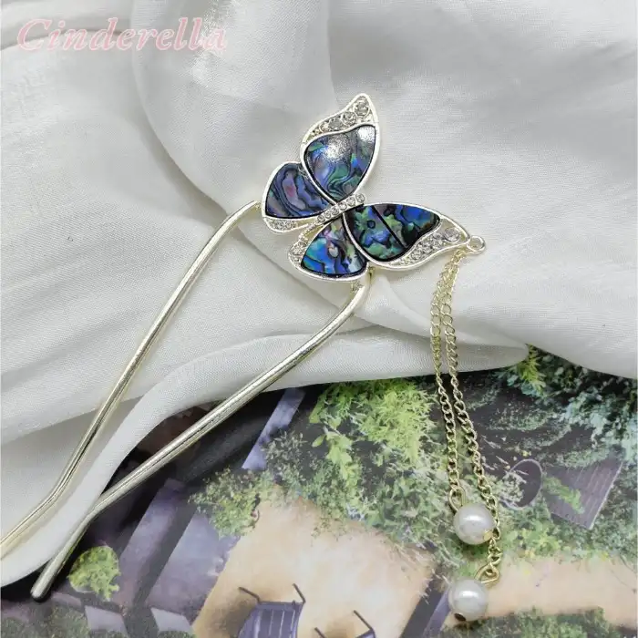 Kelebek Model Sarkıt İncili Taşlı Metal Topuz Tokası - Sallantılı Yeni Sezon Çubuk Saç Topuz Tokası