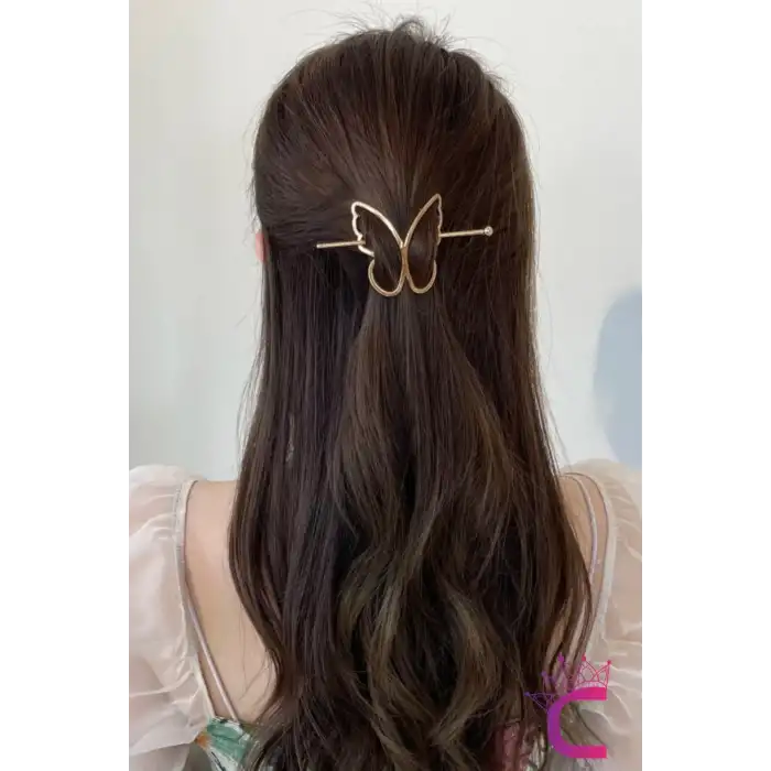 Kelebek Tasarım Gold Metal Topuz Tokası - Kelebekli Çubuk Toka Saç Çubuğu Aksesuar Kadın
