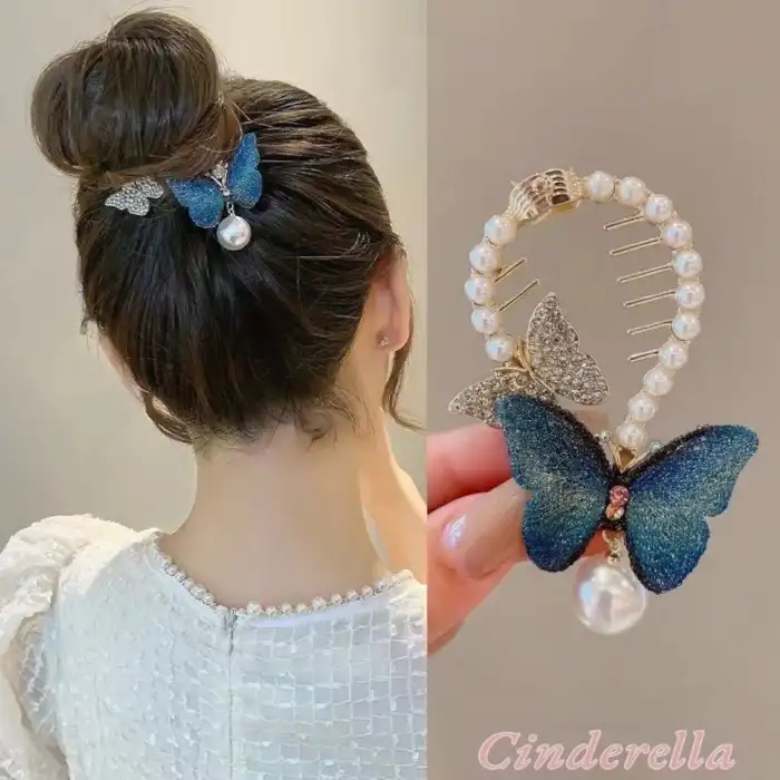 Kelebekli Gerçek Kumaş Kanatlı Yaylı Kadın Topuz Saç Tokası Metal - Sarkıt Büyük İnci Taşlı Toka