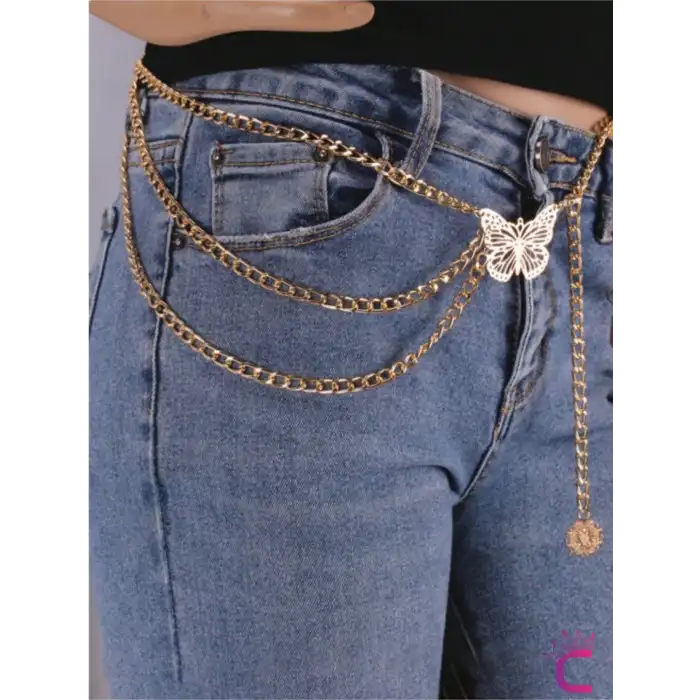 Kelebekli Gold Bel Zinciri - Ayarlanabilir Vücut Elbise Zinciri Kemeri Göbek Takısı Kolyesi Aksesuar