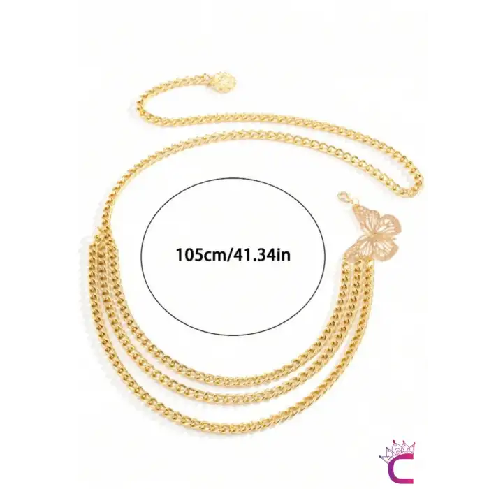 Kelebekli Gold Bel Zinciri - Ayarlanabilir Vücut Elbise Zinciri Kemeri Göbek Takısı Kolyesi Aksesuar