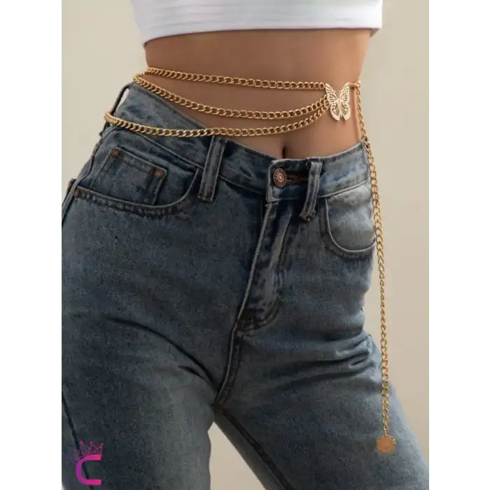 Kelebekli Gold Bel Zinciri - Ayarlanabilir Vücut Elbise Zinciri Kemeri Göbek Takısı Kolyesi Aksesuar