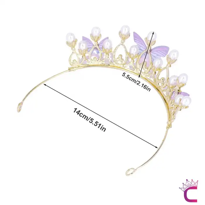 Kelebekli İncili Zirkon Taşlı Kız Çocuk Prenses Tacı Gold- Tiara Doğum Günü Parti Taç Saç Bandı Toka