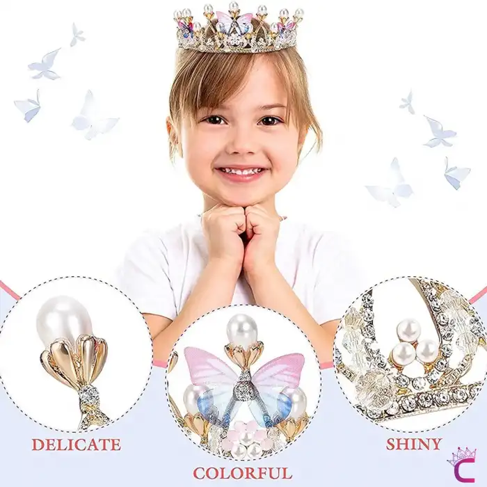 Kelebekli İncili Zirkon Taşlı Kız Çocuk Prenses Tacı Gold- Tiara Doğum Günü Parti Taç Saç Bandı Toka