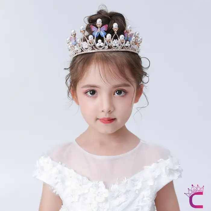 Kelebekli İncili Zirkon Taşlı Kız Çocuk Prenses Tacı Gold- Tiara Doğum Günü Parti Taç Saç Bandı Toka