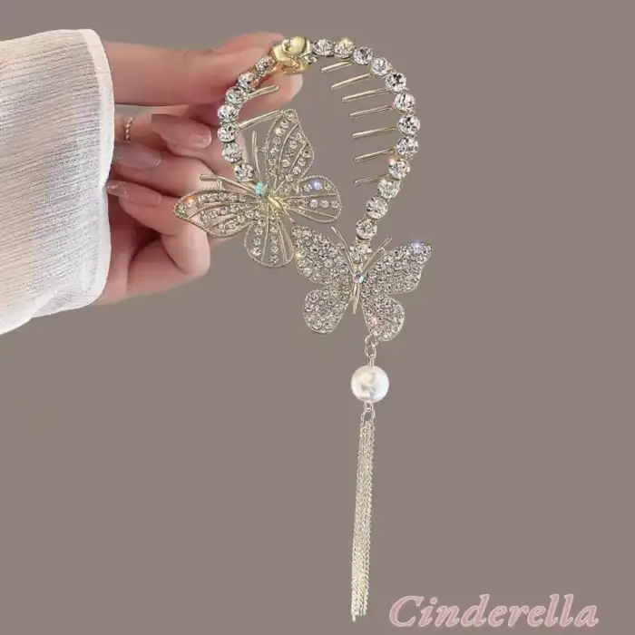 Kelebekli Kadın Topuz Saç Tokası Gold Metal - Yeni Tarz Sallantılı İncili Kristal Taşlı Toka