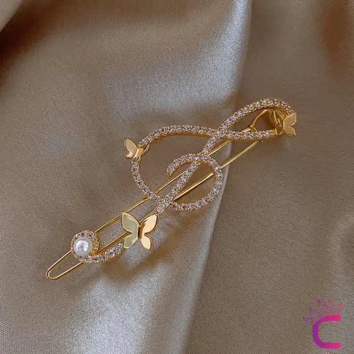 Kelebekli Sol Anahtarı Notalı Müzik Taşlı Klips Toka 6 Cm - Zarif Gold Kıstırmalı Yan Saç Tokası