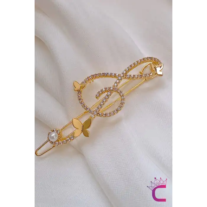 Kelebekli Sol Anahtarı Notalı Müzik Taşlı Klips Toka 6 Cm - Zarif Gold Kıstırmalı Yan Saç Tokası
