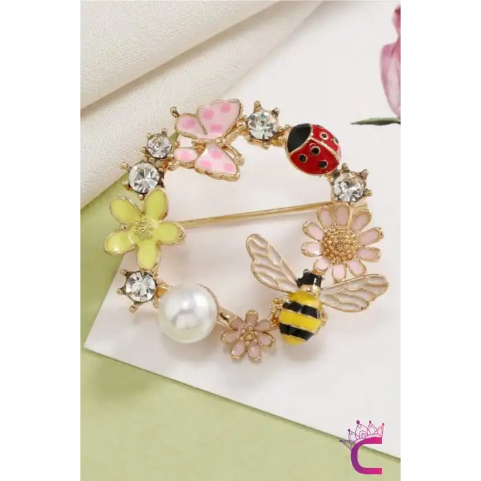Kelebekli Uğur Böceği Arılı İncili Çiçekli Kadın Çelenk Broş - Hediyelik Elbise Ceket Yaka İğnesi