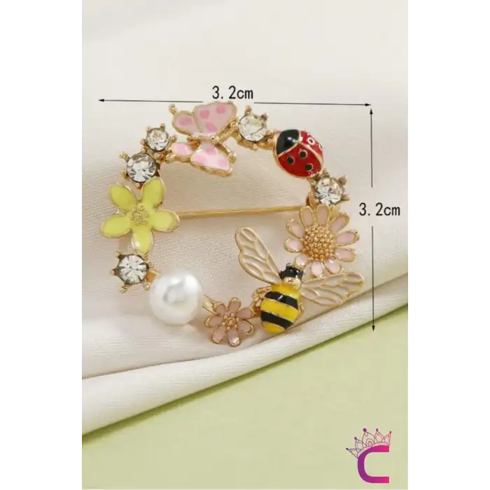 Kelebekli Uğur Böceği Arılı İncili Çiçekli Kadın Çelenk Broş - Hediyelik Elbise Ceket Yaka İğnesi