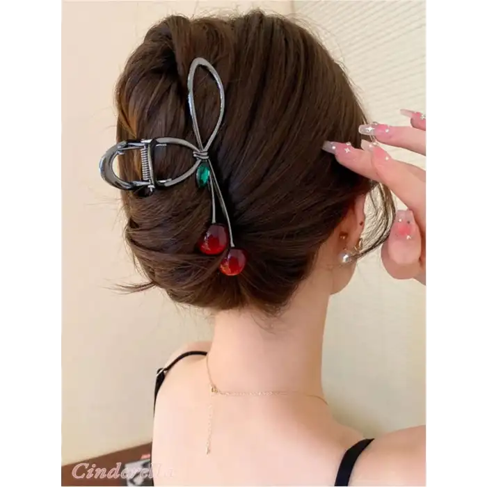 Kiraz Model Yeşil Zümrüt Taşlı Metal Büyük Mandal Toka - Kirazlı Mandallı Kadın Saç Topuz Tokası