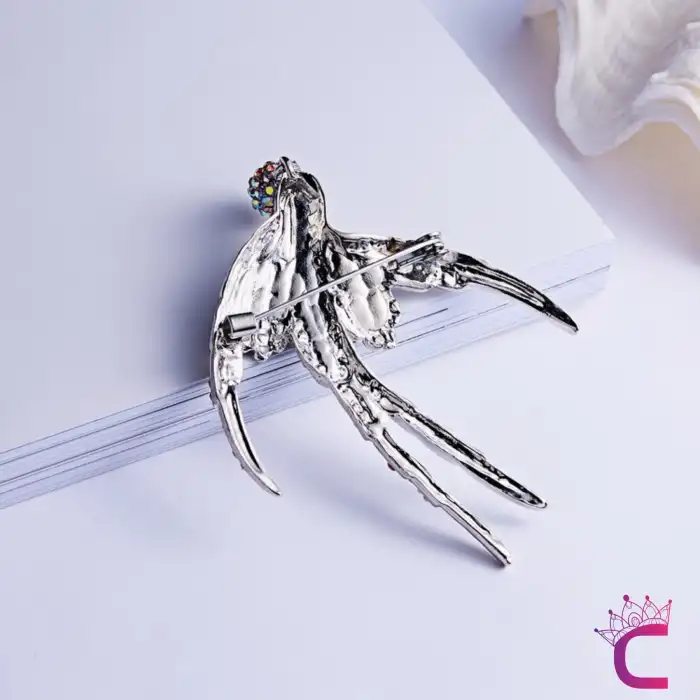 Kırlangıç Kuş Tasarım Taşlı Broş Gümüş Renk - Kadın Hediyelik Elbise Ceket Yaka İğnesi Broş Rozeti