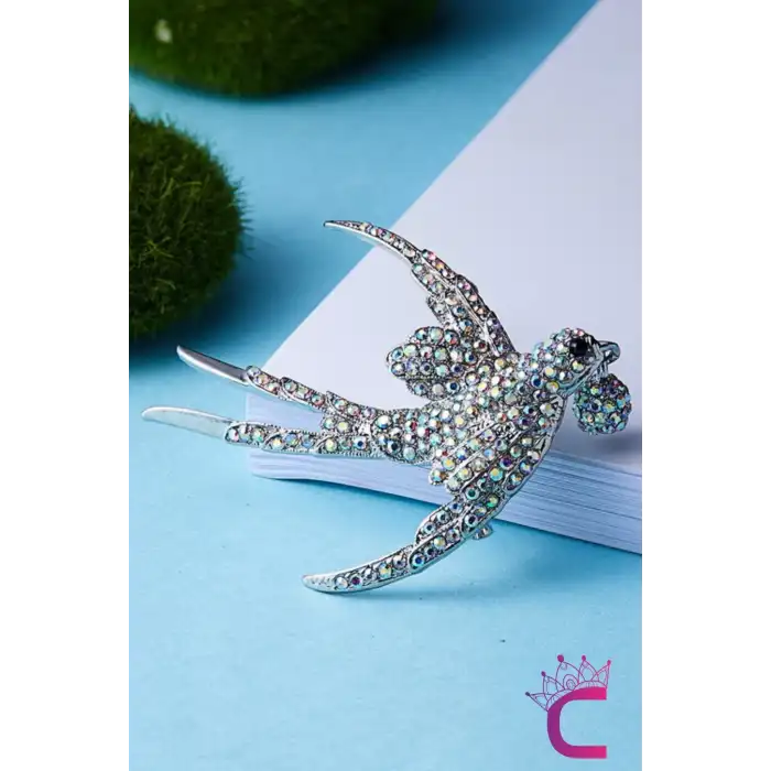 Kırlangıç Kuş Tasarım Taşlı Broş Gümüş Renk - Kadın Hediyelik Elbise Ceket Yaka İğnesi Broş Rozeti
