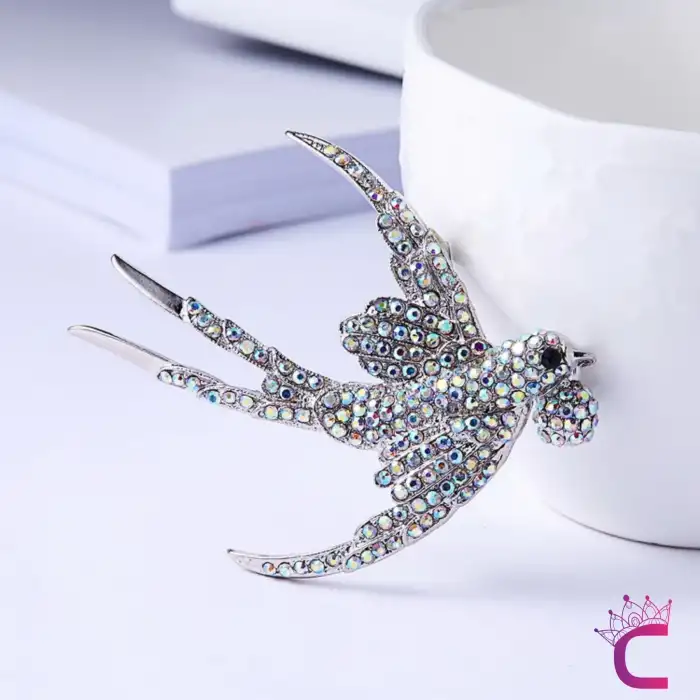 Kırlangıç Kuş Tasarım Taşlı Broş Gümüş Renk - Kadın Hediyelik Elbise Ceket Yaka İğnesi Broş Rozeti