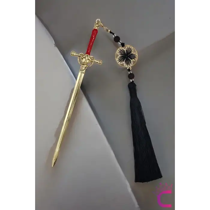 Kırmızı Gold Kılıç Tasarım Siyah Püsküllü Metal Topuz Toka 20cm - Kadın Firkete Çubuk Topuz Tokası