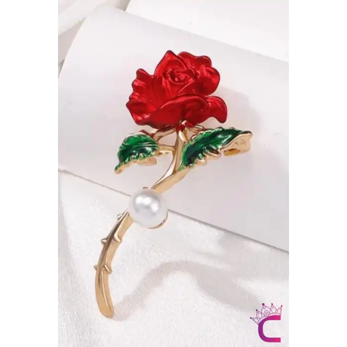 Kırmızı Gül Tasarım İncili Taşlı Kadın Broş - Sevgiliye Eşe Hediyelik Elbise Ceket Yaka İğnesi Broşu