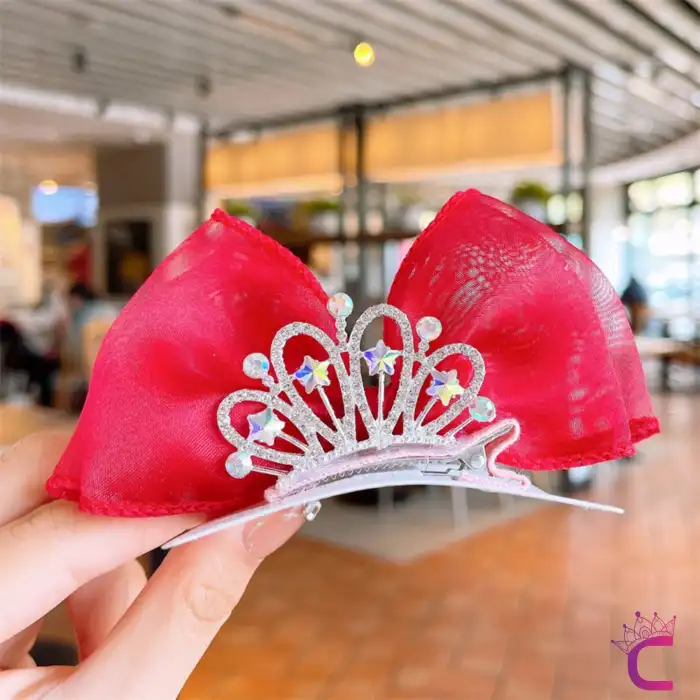 Kırmızı Yıldızlı Zirkon Taşlı Kız Çocuk Prenses Tacı Pens Toka - Kraliçe Parti Doğum Günü Saç Tokası