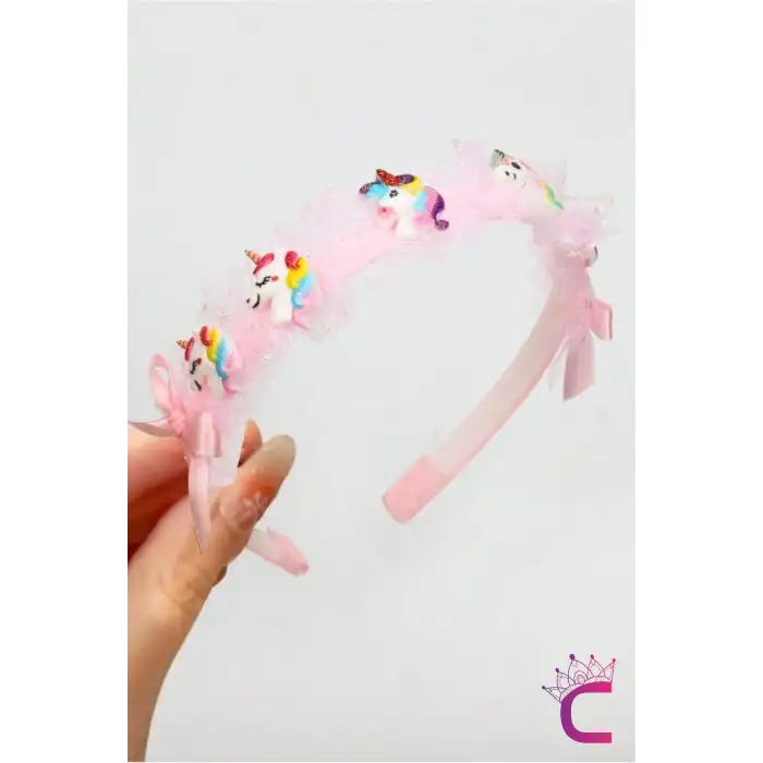 Kız Çocuk Sevimli Fiyonklu Unicorn Taç Pembe - Kurdele Çocuk Taç Saç Bandı Toka Prenses Tacı