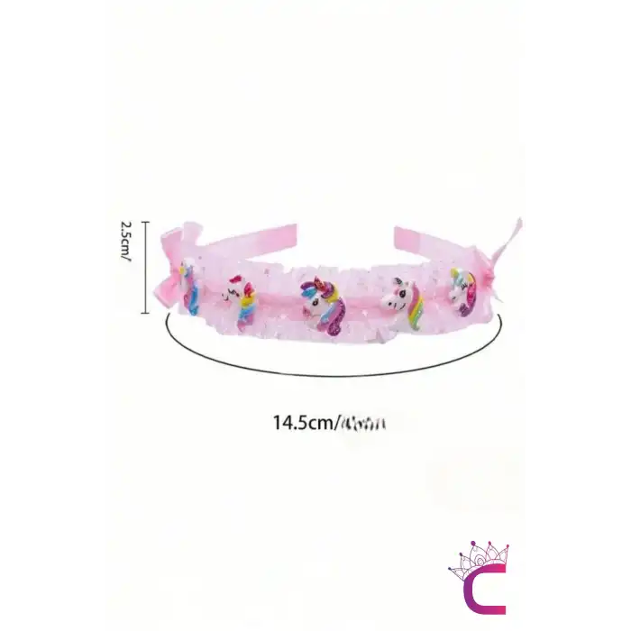 Kız Çocuk Sevimli Fiyonklu Unicorn Taç Pembe - Kurdele Çocuk Taç Saç Bandı Toka Prenses Tacı