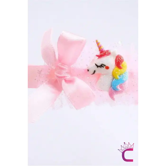 Kız Çocuk Sevimli Fiyonklu Unicorn Taç Pembe - Kurdele Çocuk Taç Saç Bandı Toka Prenses Tacı