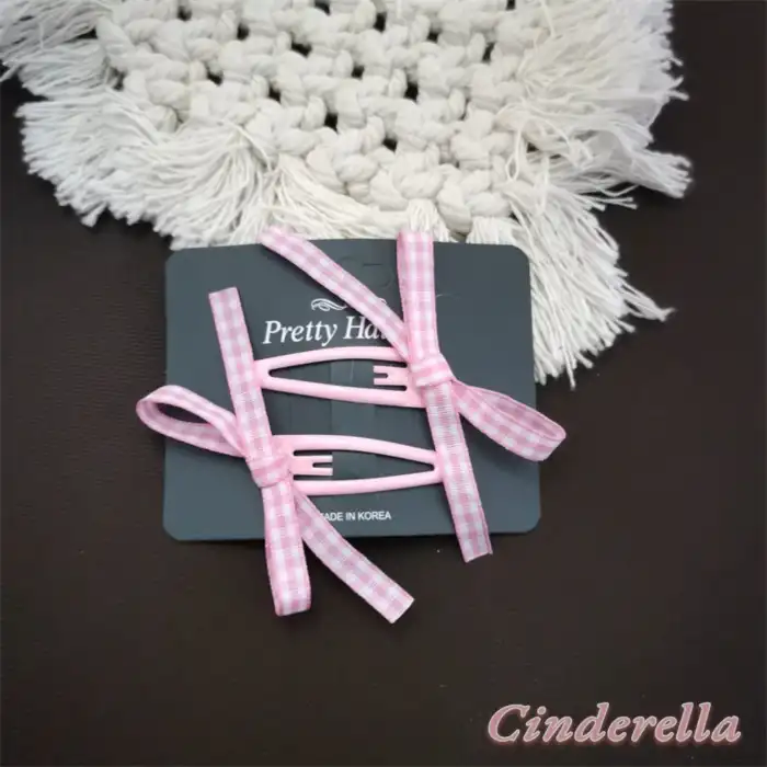 Kore Tarzı Kurdele Fiyonk Model Çıt Çıt Toka Seti Açık Pembe - Sevimli Kız Çocuk Çıtçıt Saç Tokası