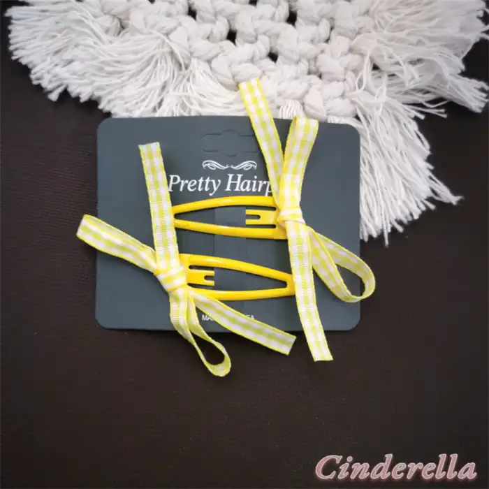 Kore Tarzı Kurdele Fiyonk Model Çıt Çıt Toka Seti Sarı - Sevimli Kız Çocuk Çıtçıtlı Saç Tokası