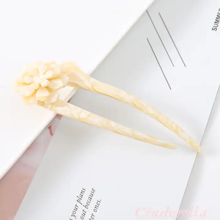 Krem Sarısı Flower Fransız El Yapımı Lüks Kemik Topuz Tokası - Çubuk Saç Topuz Tokası - Topuz Çubuğu