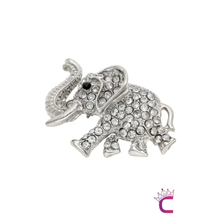 Kristal Taşlı Tasarım Fil Broş Gümüş Renk - Çanta Elbise Ceket Yaka İğnesi Broş Rozeti