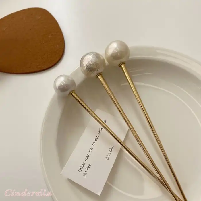 Büyük Boy İncili Metal Çubuk Topuz Toka Gold - Modern Kadın İnci Taşlı Saç Topuz Tokası