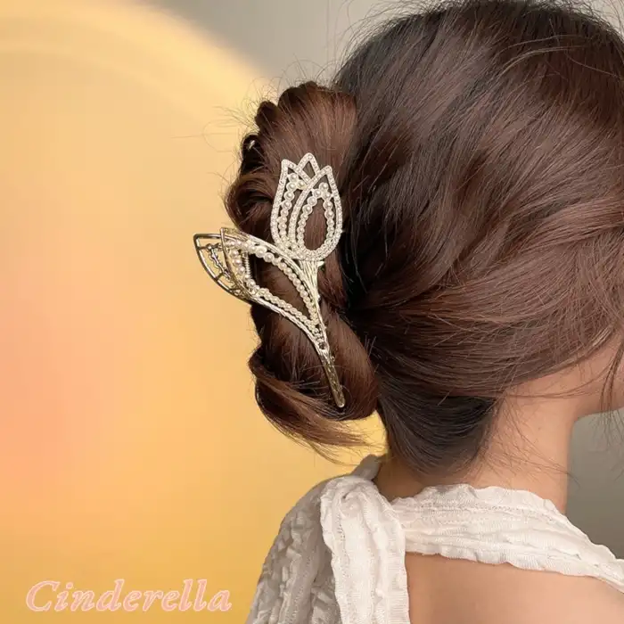 Lale Model Mini İncili Kristal Taşlı Kadın Metal Mandal Toka Gold - Modern Mandallı Saç Topuz Tokası