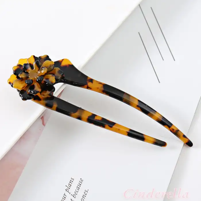 Leopar Flower Fransız El Yapımı Lüks Kemik Topuz Tokası - Çubuk Saç Topuz Tokası - Topuz Çubuğu