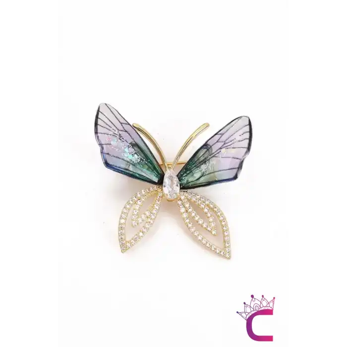 Mavi Degrade Kanatlı Taşlı Kelebek Broş - Kelebekli Hediyelik Elbise Ceket Kadın Yaka İğnesi Broş