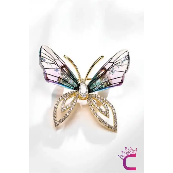 Mavi Degrade Kanatlı Taşlı Kelebek Broş - Kelebekli Hediyelik Elbise Ceket Kadın Yaka İğnesi Broş