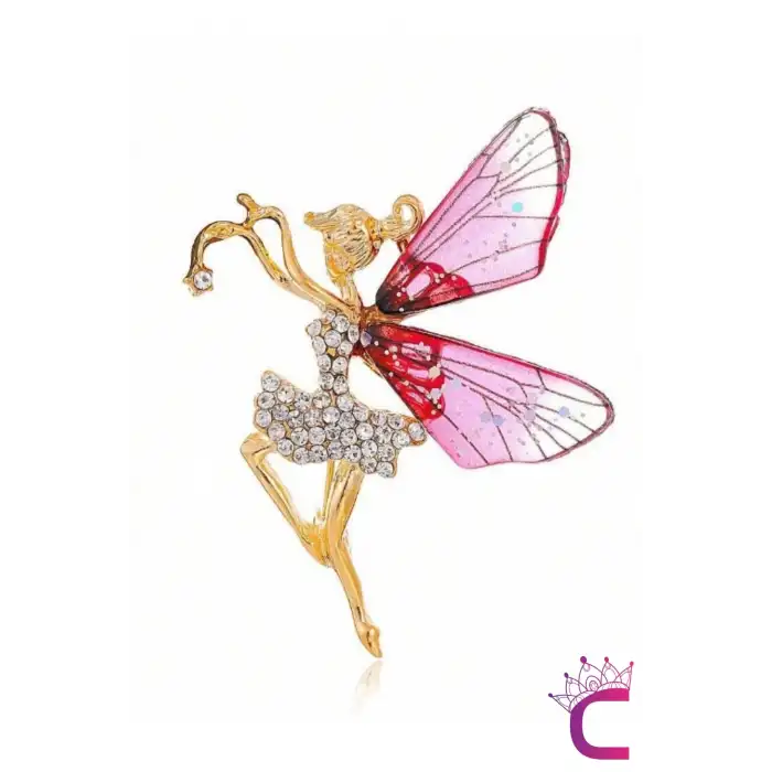 Melek Kız Kelebekli Kanatlı Kadın Taşlı Broş Kırmızı - Hediyelik Elbise Ceket Yaka İğnesi Broşu