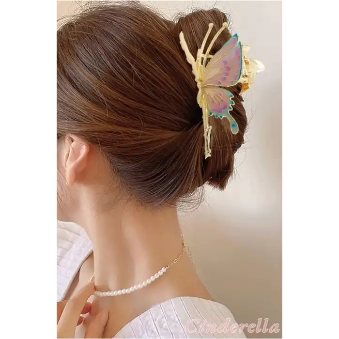 Mineli Kelebek Tasarım Kadın Büyük Metal Mandal Toka Gold - Boho Tarz Mandallı Saç Topuz Tokası