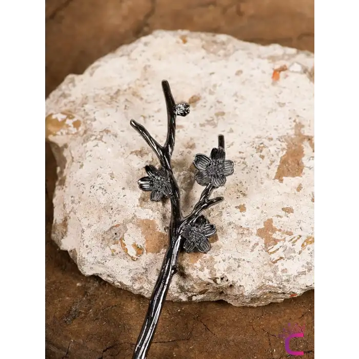 Modern Dal Tasarım Çiçekli Siyah Japon Topuz Tokası 18cm- Vintage Kadın Metal Saç Çubuk Topuz Tokası