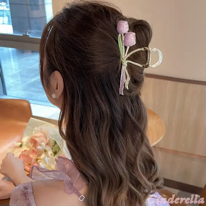 Mor Lale Çiçekli Model Kadın Metal Mandal Toka Gold - İlkbahar Yaz Country Stil Topuz Saç Aksesuarı