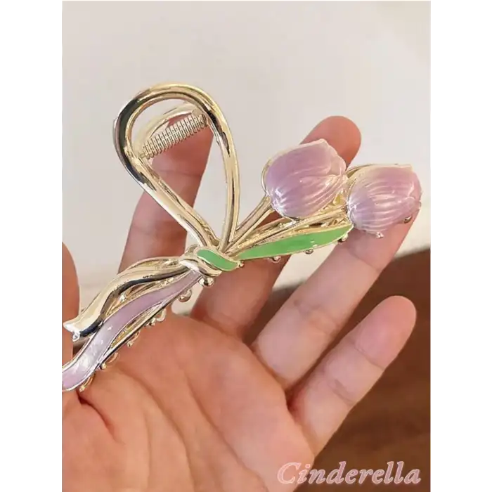 Mor Lale Çiçekli Model Kadın Metal Mandal Toka Gold - İlkbahar Yaz Country Stil Topuz Saç Aksesuarı