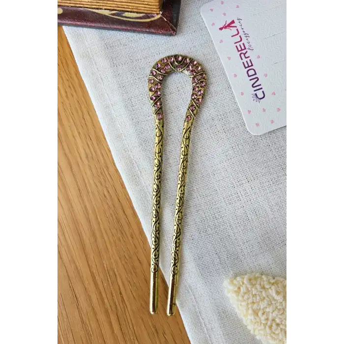 Mor Taşlı İşlemeli Vintage Gold Metal Topuz Tokası 12.5cm - Kadın Saç Topuz Tokası Çubuk Toka