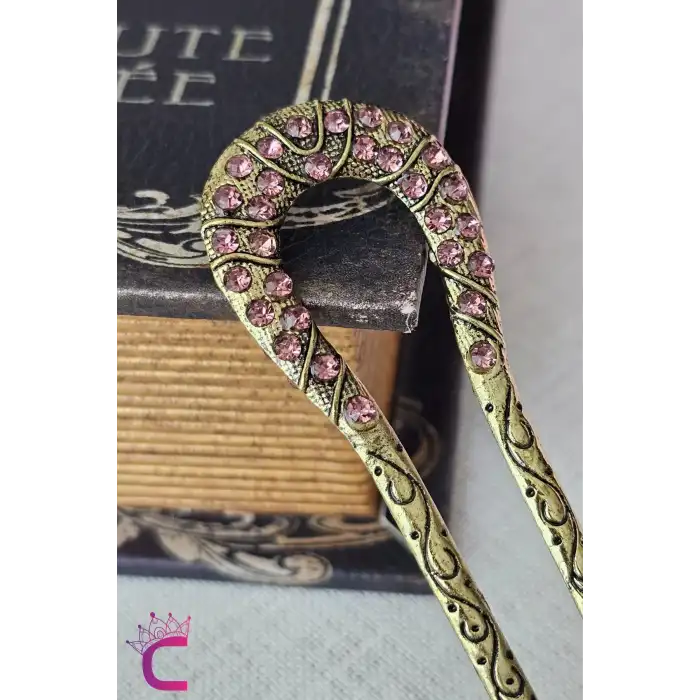 Mor Taşlı İşlemeli Vintage Gold Metal Topuz Tokası 12.5cm - Kadın Saç Topuz Tokası Çubuk Toka