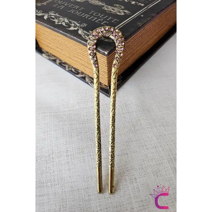 Mor Taşlı İşlemeli Vintage Gold Metal Topuz Tokası 12.5cm - Kadın Saç Topuz Tokası Çubuk Toka